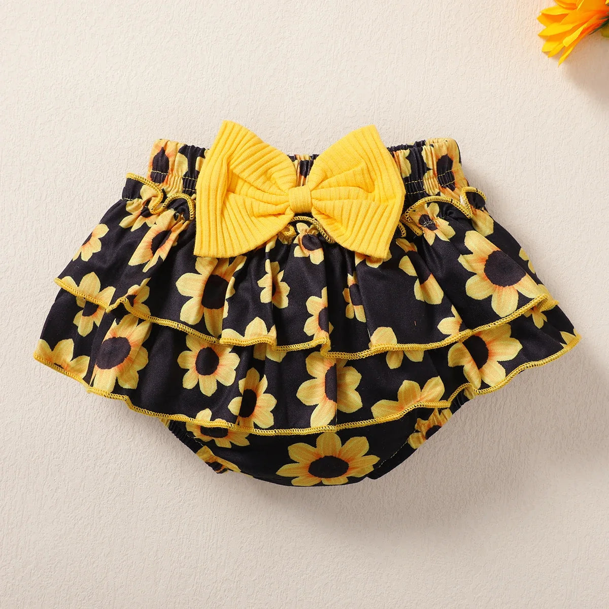 Yellow Ruffled Ribbed Bodysuit Floral 3Pcs