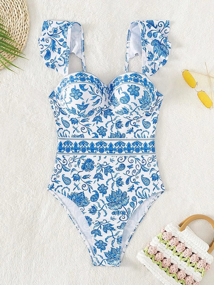 2024 Printed Swimsuit One Piece Ruffle Trim Push Up