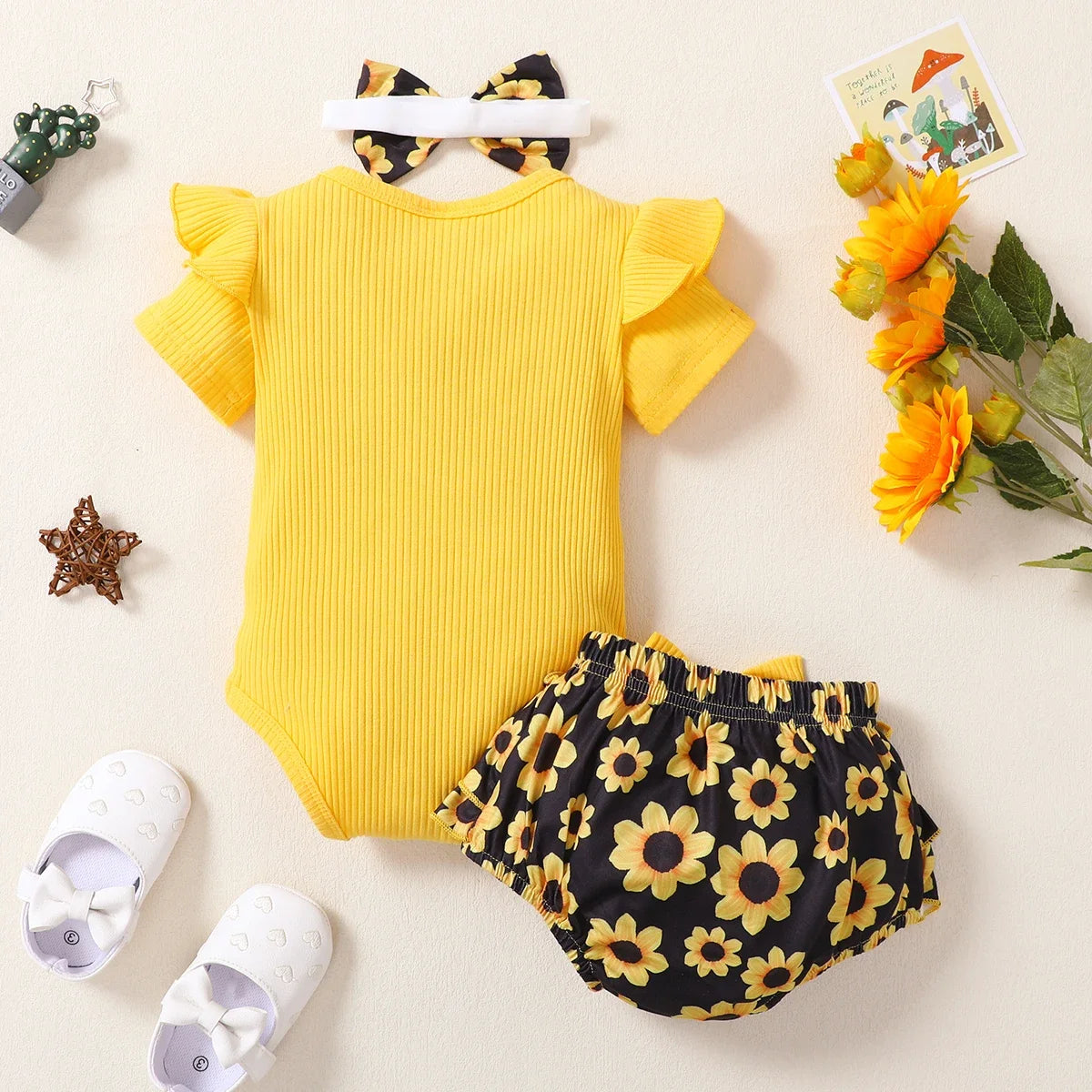 Yellow Ruffled Ribbed Bodysuit Floral 3Pcs